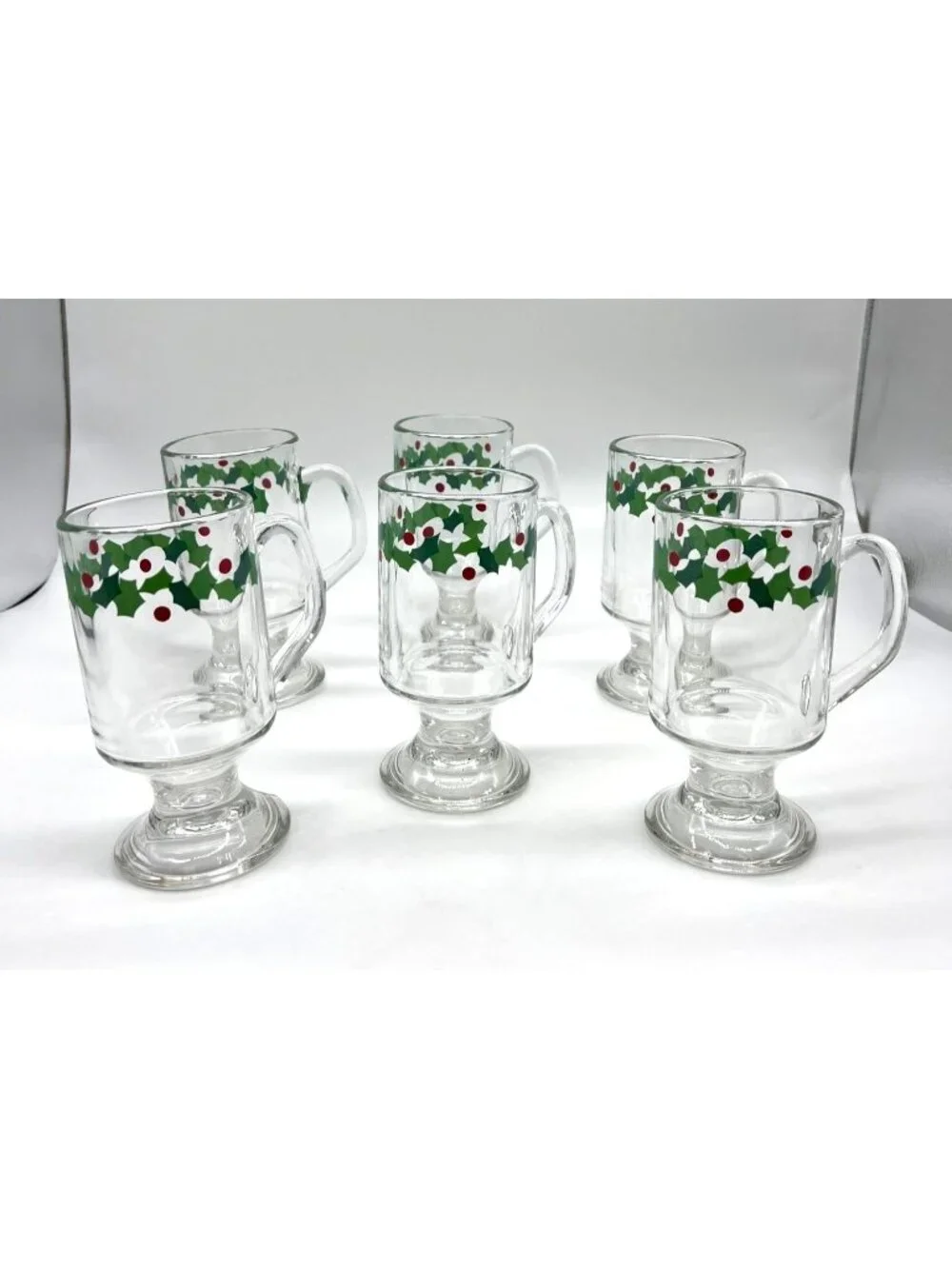 Set Of 6 LIbby Glass Pedestal Mugs With Christmas Holly & Berry Design - 5